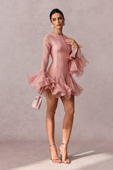 Volan Detaylı Pembe Uzun Kollu Mini Elbise Zalle